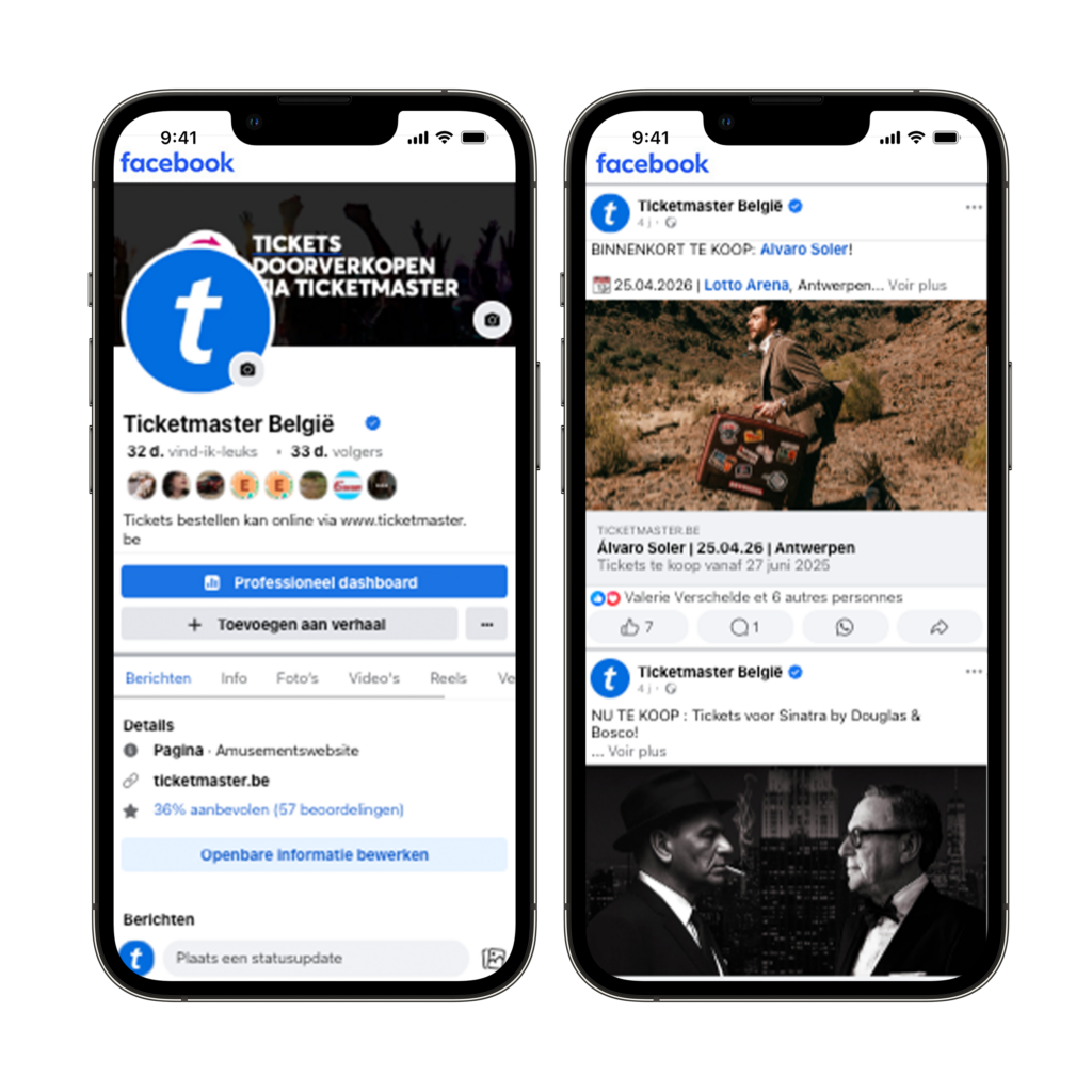 Screenshot van de ticketmaster Belgie pagina op de facebook app.