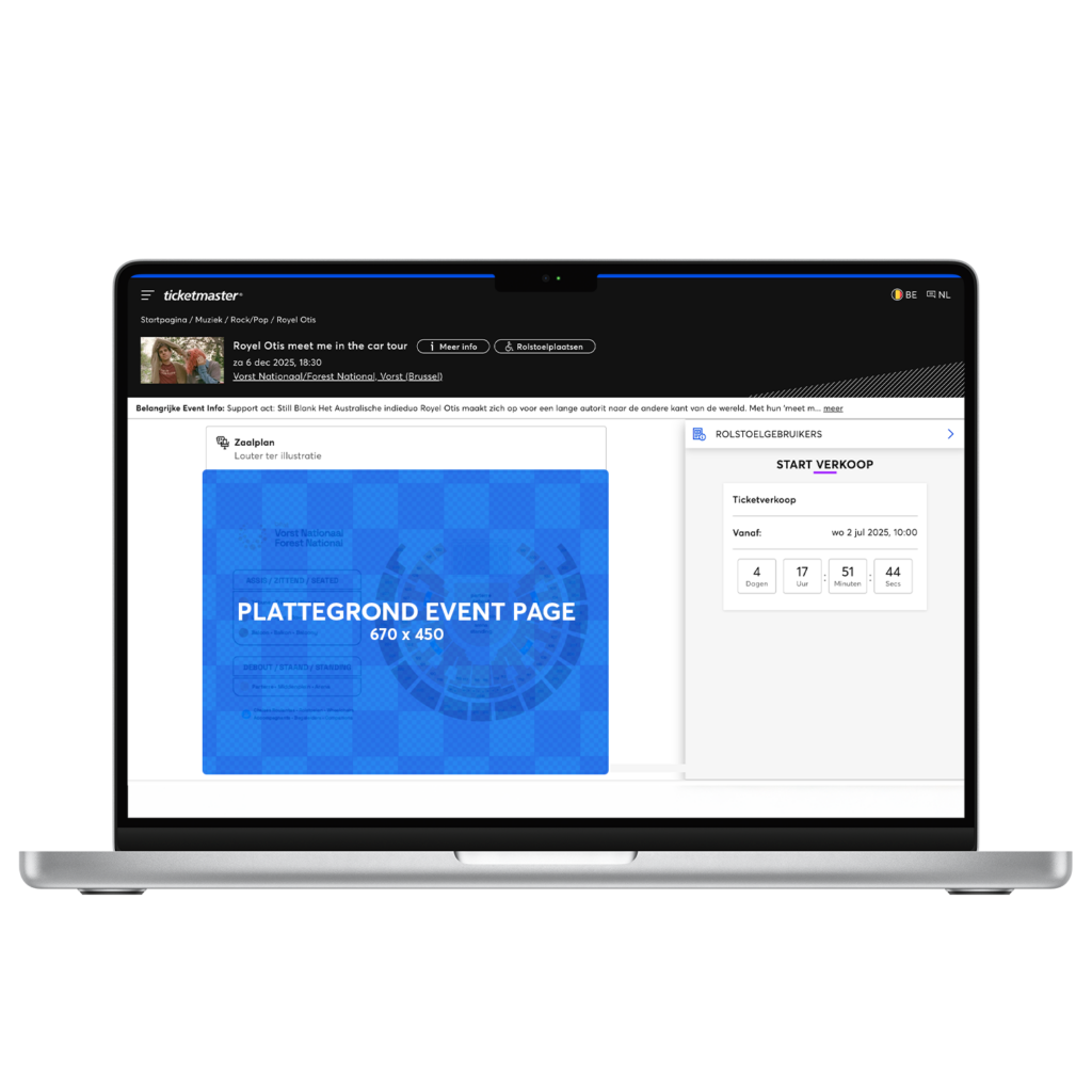 Afbeelding van een macbook met een een voorbeeld van de event-page en een statische plattegrond